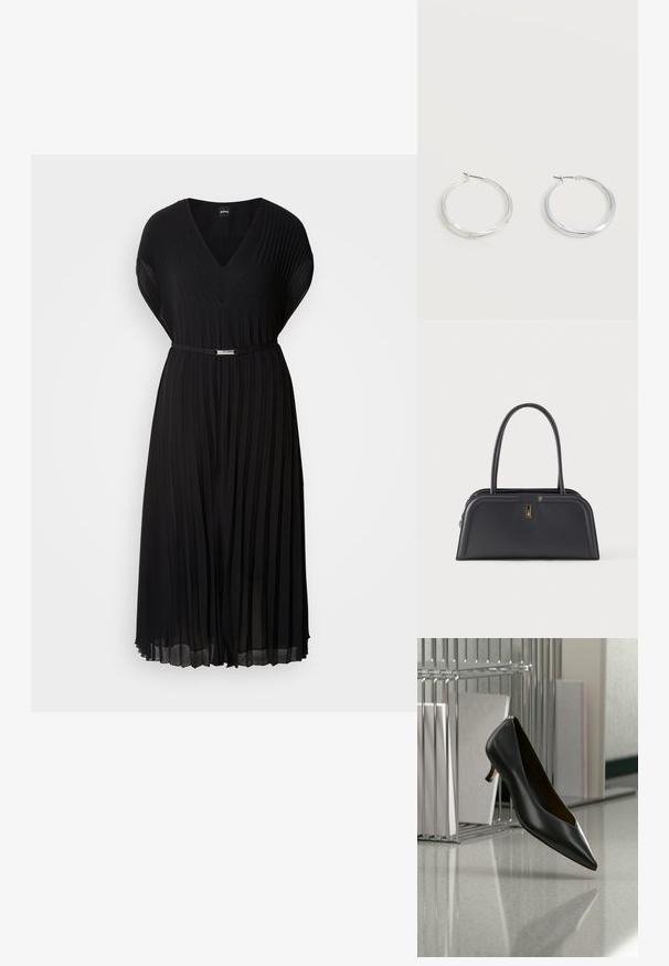 Vestido negro con pliegues, escote en V y mangas cortas, que cuenta con un cinturón delgado con hebilla metálica en la cintura. Textura de tela suave.; Zapato de cuero negro con punta afilada y tacón kitten flotando sobre un suelo gris moteado, junto a un organizador metálico de archivos con carpetas.; Bolso de mano de cuero negro con un diseño estructurado, que cuenta con una asa superior y un pequeño detalle de herrajes dorados en la parte frontal.; Pendientes de aro de metal plateado con superficie lisa y ligeramente curvada y cierre de tipo mosquetón sobre un fondo blanco liso.