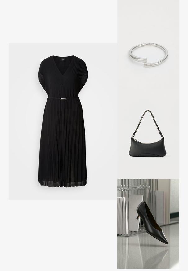 Schwarzes plissiertes Kleid mit V-Ausschnitt und kurzen Ärmeln, ausgestattet mit einem schmalen Gürtel mit einer metallischen Schnalle in der Taille. Weicher Stoff.; Schwarzer Leder-Kitten-Heel-Schuh mit spitz zulaufender Spitze, der über einem grau gesprenkelten Boden schwebt, neben einem Metall-Ordnerhalter mit Ordnern.; Schwarze Lederschultertasche mit gewölbter rechteckiger Form, goldener Kette, die in den geflochtenen schwarzen Riemen eingewebt ist, und Reißverschlussverschluss oben.; Calvin Klein SPIRAL - Armband - silver-coloured