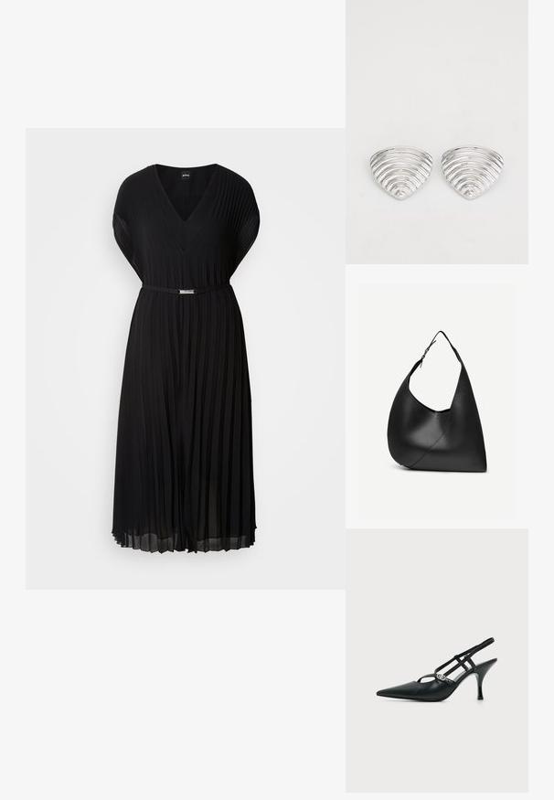 Zwart geplooid jurkje met V-hals en korte mouwen, voorzien van een dunne riem met een metalen gesp in de taille. Zachte stoftextuur.; Zwarte leren slingback met puntige neus, dunne bandjes en een kleine zilveren siergesp aan de zijkant.; Zwarte leren schoudertas met gebogen driehoekige vorm, enkele verstelbare riem en zichtbare diagonale naad aan de voorkant.; Zilverkleurige oorknoppen met een golvend, getextureerd ontwerp, gevormd als overlappende maanschijven; de gepolijste afwerking versterkt de reflecterende kwaliteiten.