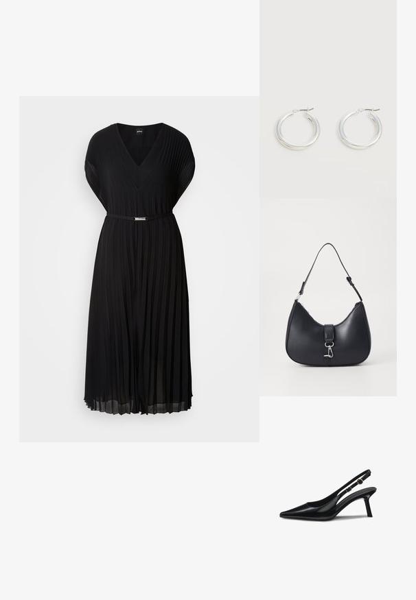 Schwarzes plissiertes Kleid mit V-Ausschnitt und kurzen Ärmeln, ausgestattet mit einem schmalen Gürtel mit einer metallischen Schnalle in der Taille. Weicher Stoff.; Schwarze Slingback-Pumps aus Lackleder mit spitz zulaufender Zehe, schmalem Absatz und verstellbarem Riemen mit rundem Akzent. Glatte, glänzende Oberfläche.; Pieces PCLIKA SHOULDER BAG - Handtasche - black; Paar mittelgroße glänzende silberne Hoop-Ohrringe mit dünnen Metallverschlüssen auf hellem neutralem Hintergrund.