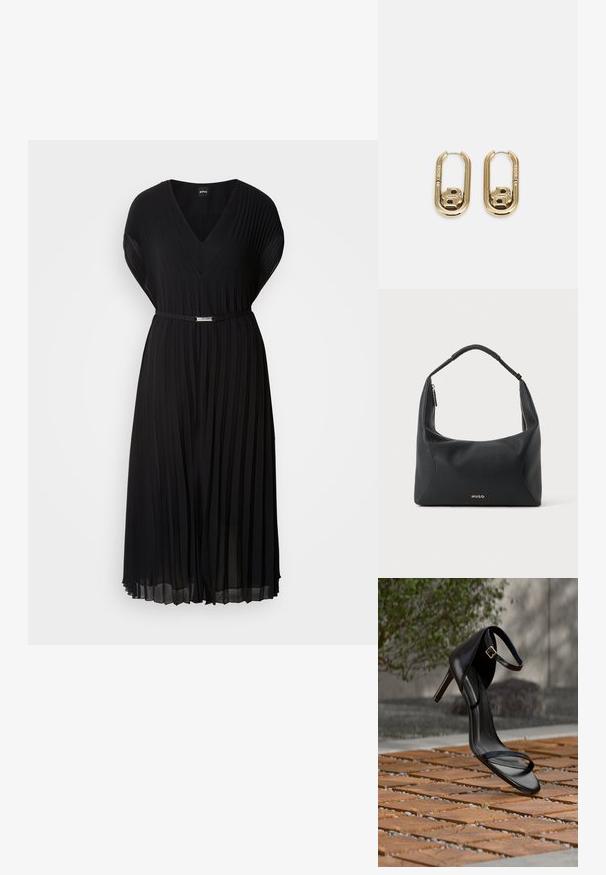 Schwarzes plissiertes Kleid mit V-Ausschnitt und kurzen Ärmeln, ausgestattet mit einem schmalen Gürtel mit einer metallischen Schnalle in der Taille. Weicher Stoff.; Schwarze Sandalette mit hohem Absatz und Knöchelriemen schwebt über einem Holzboden im Freien vor verschwommenem Grün und Steinhintergrund.; Schwarze Leder-Schultertasche mit geflochtenem Griff, goldfarbenem Reißverschlussdetail und kleinem goldfarbenem "HUGO"-Logo mittig vorne.; BOSS DOUBLE B SWING - Ohrringe - gold-coloured