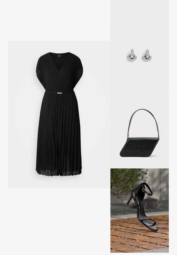 Schwarzes plissiertes Kleid mit V-Ausschnitt und kurzen Ärmeln, ausgestattet mit einem schmalen Gürtel mit einer metallischen Schnalle in der Taille. Weicher Stoff.; Schwarze Sandalette mit hohem Absatz und Knöchelriemen schwebt über einem Holzboden im Freien vor verschwommenem Grün und Steinhintergrund.; Schwarze Leder-Umhängetasche mit dreieckiger Form, geprägt mit Logo und einem einzigen verstellbaren Riemen. Minimalistisches Design mit glatter Textur.; Paar kleine, glänzende silberne Creolen mit rundem Sockel, auf einfachem hellem Hintergrund präsentiert.