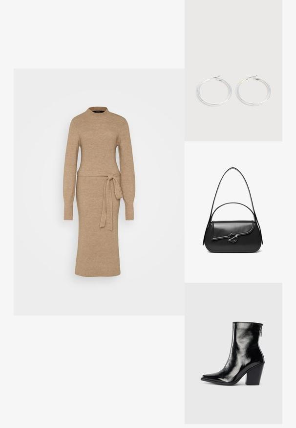 Robe en tricot beige avec un col montant, des manches longues et une taille ceinturée. Présente une texture côtelée dans l'ensemble. Design mi-long.; Bottines en cuir noir avec une finition brillante, bout pointu et talon trapèze. Dotées d'une fermeture éclair latérale pour un enfilage facile.; Sac à bandoulière en cuir noir avec un rabat incurvé fermé par un fermoir métallique rond et une sangle fine et ajustable.; Paire de boucles d'oreilles créoles argentées brillantes avec fermoirs en fil fin, présentée sur un fond gris clair.