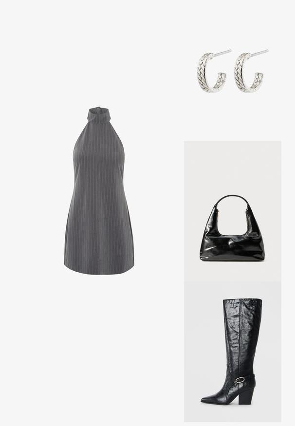 Débardeur rayé gris sans manches avec un col haut et des détails de boutons au niveau du cou. Le tissu a une texture lisse avec des rayures verticales.; Bottes noires montantes en cuir brillant, avec un bout pointu, une forme structurée, et une sangle décorative avec une boucle en argent.; Sac à main en cuir verni noir avec une anse semi-circulaire, forme trapézoïdale, texture lisse et une fermeture éclair simple.; Boucles d'oreilles en argent en forme de créoles avec un motif tressé, présentant une surface texturée et une fermeture à tige, un design courbé et une finition polie.
