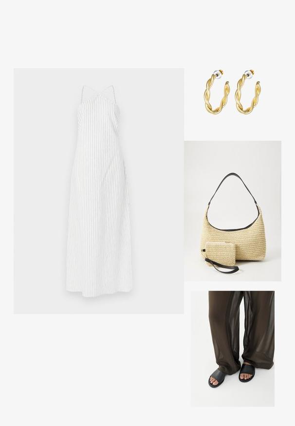 Robe blanche à rayures avec un design à dos croisé, fabriquée en tissu léger. Présente de fines rayures verticales noires et une silhouette fluide.; Pieds en sandales slides noires associés à un pantalon marron fluide et transparent sur un fond blanc uni.; Sac à main en paille tissée avec une silhouette courbée, doté d'une bandoulière en cuir noir lisse et d'une petite pochette assortie attachée par une sangle pour le poignet.; Paire de boucles d'oreilles créoles torsadées dorées avec fermoirs poussoirs argentés et dorés sur fond blanc.