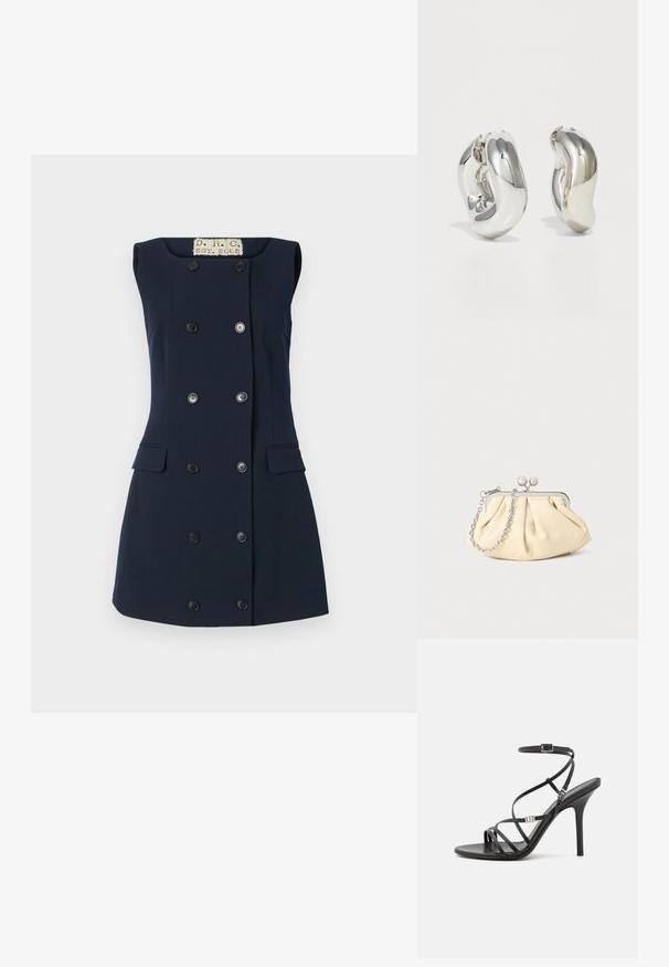Robe sans manches bleu marine avec une coupe cintrée, fermeture à double boutonnage, deux poches avant et un col plat pour une silhouette structurée.; Sandale noire à talons hauts avec des brides fines, une boucle à la cheville, une surface en cuir lisse et un talon aiguille élancé.; Pochette en cuir beige plissé avec un cadre en métal argenté, dotée de deux fermoirs ronds décoratifs et d'une chaîne en argent.; Boucles d'oreilles sculpturales en argent avec des formes douces et courbes et des surfaces réfléchissantes. Présentent un design de boucle fermée et une forme organique distincte.
