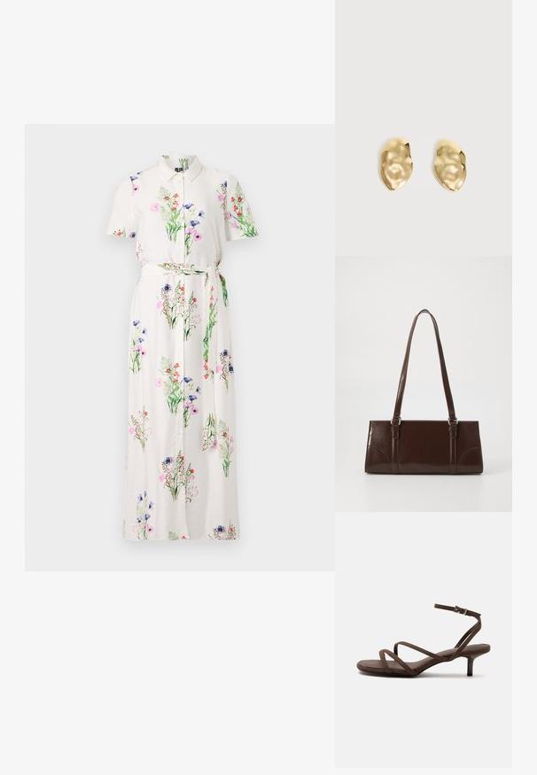 Floral maxi jurk met korte mouwen, witte basis, knopenlijn aan de voorkant en stoffen strikceintuur. Kenmerkt zich door een kleurrijke bloemenprint en een zachte textuur.; Bruine sandaal met hoge hak, dunne gekruiste bandjes en een enkelbandje met een zilveren gesp op een witte achtergrond.; Bruine lakleren handtas met een rechthoekige vorm, twee lange handvatten en subtiele gebogen accenten aan de voorkant.; Een paar glanzende, onregelmatig gevormde gouden metalen oorbellen met een gekreukeld, glad oppervlak op een effen lichte achtergrond.