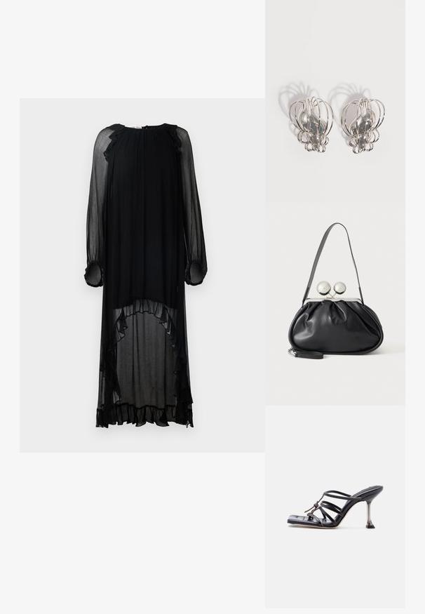 Schwarzes, durchscheinendes Kleid mit langen Ärmeln und Rüschendetails. Es hat einen runden Ausschnitt und einen asymmetrischen Saum, der eine fließende Silhouette schafft.; Schwarze, Riemchen-Sandalette mit hohem Absatz, quadratischer Zehenform und dünnem Stiletto-Absatz, versehen mit überlappenden Riemen und einer geknoteten Detailgebung am Obermaterial.; Schwarze Ledertasche mit gerafftem Design, einem einzelnen Riemen, silbernem Metallrahmen und zwei großen runden silbernen Verschlüssen.; Paar silberne Metallohrstecker mit offenem Drahtkäfig-Design und glatten zentralen ovalen Formen, die geschwungene Schatten auf einem weißen Hintergrund werfen.