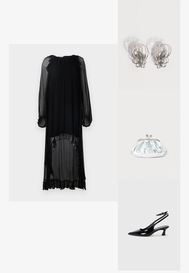 Schwarzes, durchscheinendes Kleid mit langen Ärmeln und Rüschendetails. Es hat einen runden Ausschnitt und einen asymmetrischen Saum, der eine fließende Silhouette schafft.; Schwarze Lackleder Slingback-Absätze mit spitzem Schuhblatt, niedrigem Blockabsatz und verstellbarem Knöchelriemen mit goldener Schnalle.; Kleine silberne Metallic-Clutch mit gerundetem, gerafftem Design und einem Verschluss mit zwei silbernen Kugeln.; Paar silberne Metallohrstecker mit offenem Drahtkäfig-Design und glatten zentralen ovalen Formen, die geschwungene Schatten auf einem weißen Hintergrund werfen.