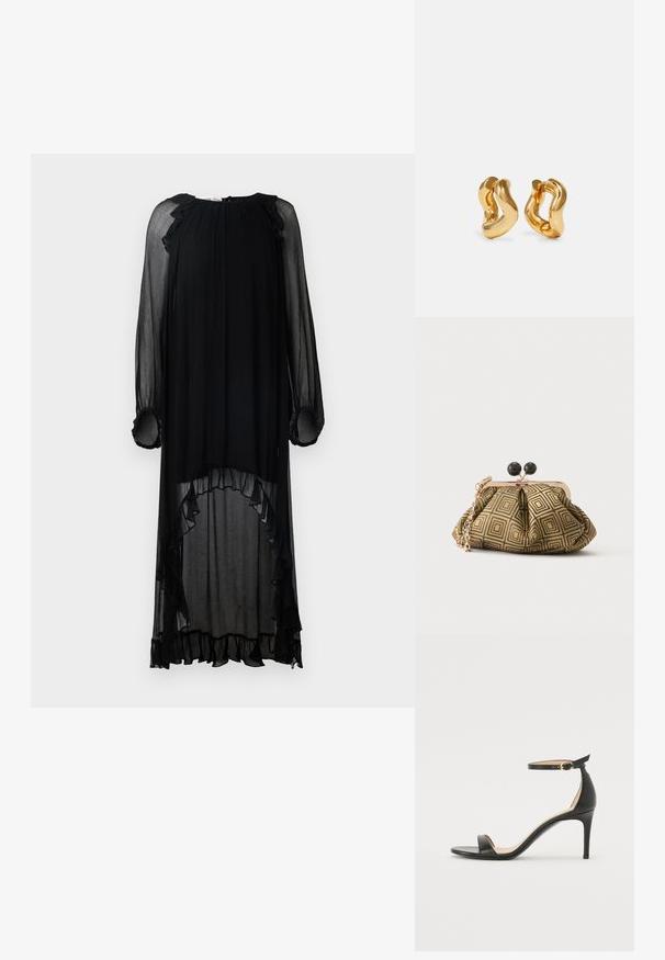Schwarzes, durchscheinendes Kleid mit langen Ärmeln und Rüschendetails. Es hat einen runden Ausschnitt und einen asymmetrischen Saum, der eine fließende Silhouette schafft.; Schwarze Leder-high-heeled Sandale mit Knöchelriemen. Verfügt über eine glatte Textur, offene Zehen und einen dünnen Absatz. Goldfarbener Schnallenakzent.; Kleine Clutch mit goldenem und schwarzem geometrischem Muster, goldfarbenem Metallrahmen, schwarzem Kugelverschluss und kurzem goldfarbenem Kettenriemen.; Goldfarbene Creolen mit wellenförmigem Design, das eine glatte, glänzende Oberfläche und eine stromlinienförmige Form aufweist. Keine sichtbaren Verschlüsse.