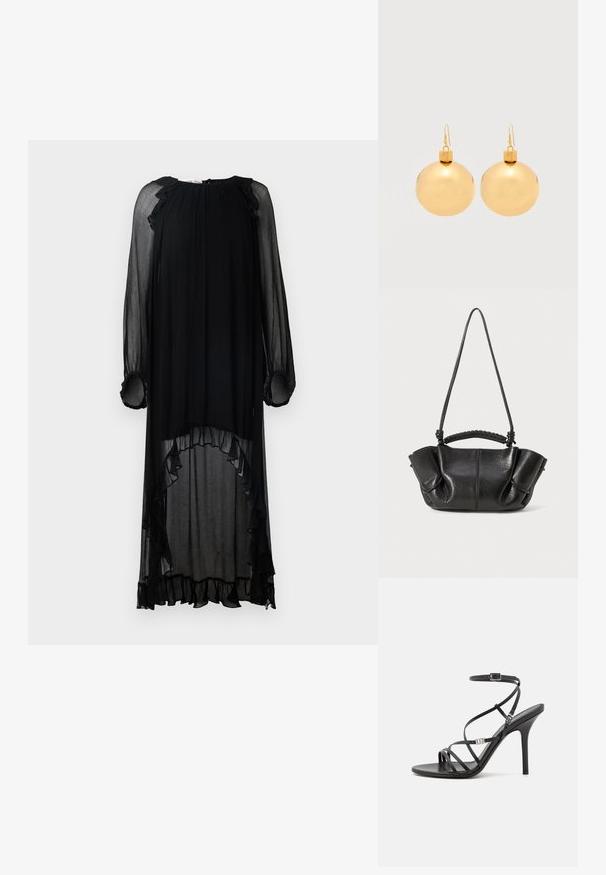 Vestido negro transparente con mangas largas y acentos con volantes. Presenta un escote redondo y un dobladillo asimétrico, creando una silueta fluida.; Sándalo negro de tacón alto con tiras finas, hebilla en el tobillo, superficie de cuero suave y tacón de aguja esbelto.; Bolso de piel negra con un acabado texturizado, suaves pliegues, asas dobles y un detalle de mango trenzado. Compacto, con un diseño de parte superior abierta.; Par de pendientes de bola navideña dorados brillantes con cierre de gancho sobre un fondo blanco liso.