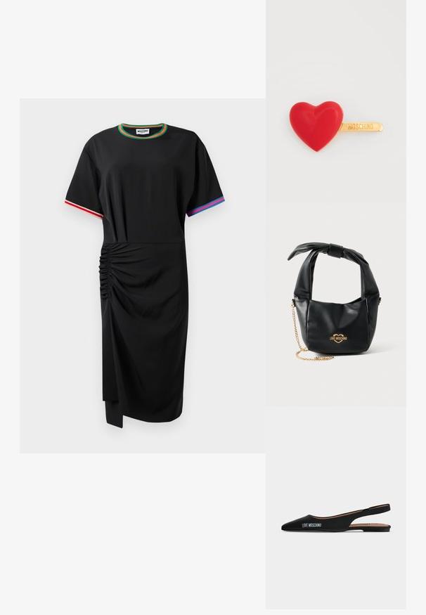 Must kübes kleit, millel on vasakul küljel volditud detail, roheline ja oranž krae äär, punane ja valge parema varruka äär ning sinine ja roosa vasaku varruka äär.; Mustad teravaotste slingback-madalad kontsaga kingad, külgedel "LOVE MOSCHINO" logo, tavalise heleda taustaga.; Mustast pehmest nahast Love Moschino käekott sõlmitud sangaga ja kuldse kettidega rihmaga valgel taustal.; Punane südamekujulise juuksenõelaga, millel on läikiv viimistlus ja kuldse tooniga metallkinnitusega, millele on graveeritud "Moschino". Tekstureeritud pind ja siledad servad.
