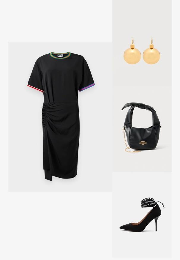 Vestido midi negro de manga corta con detalle fruncido en el lado izquierdo, ribete en verde y naranja en el escote, ribete rojo y blanco en la manga derecha, ribete azul y rosa en la manga izquierda.; Zapato de tacón alto negro con punta afilada y correa envolvente en el tobillo con texto "LOVE MOSCHINO" y pequeños símbolos de corazón en blanco.; Bolso Love Moschino de piel negra suave con asa anudada y correa de cadena dorada sobre fondo blanco.; Par de pendientes de bola navideña dorados brillantes con cierre de gancho sobre un fondo blanco liso.