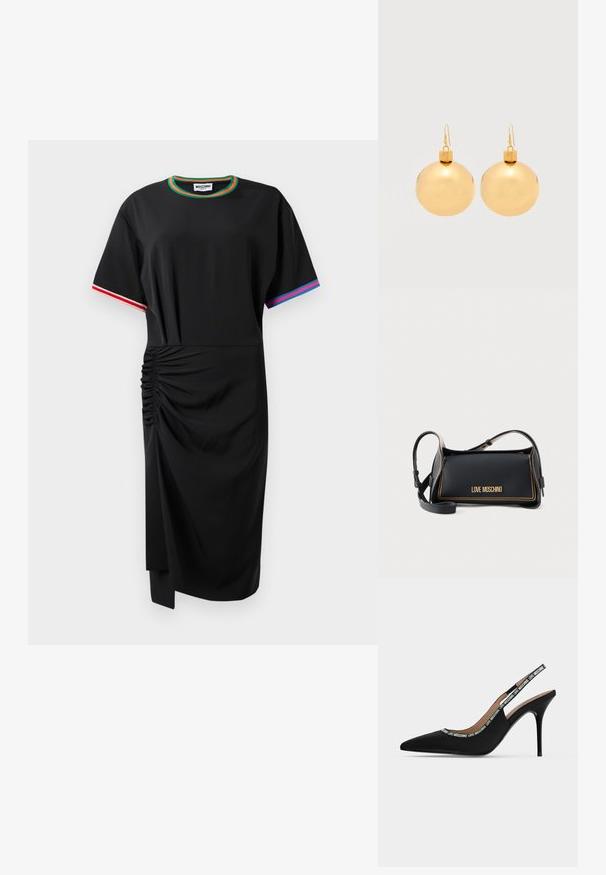 Schwarzes Midikleid mit kurzen Ärmeln und Raffung auf der linken Seite, grünem und orangefarbenem Ausschnitt, rotem und weißen Ärmelbesatz auf der rechten Seite sowie blauem und pinkem Ärmelbesatz auf der linken Seite.; Schwarzer spitzer Slingback-Pumps mit dünnem Stiletto-Absatz und "LOVE MOSCHINO" Text auf dem Riemen und Rand.; Schwarze rechteckige Love Moschino Handtasche mit goldenen Nähten und verstellbarem Schultergurt auf einfarbigem Hintergrund.; Paar glänzende goldene Weihnachtskugel-Ohrringe mit Hakenverschlüssen auf einfachem weißem Hintergrund.