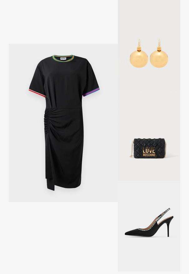Must kübes kleit, millel on vasakul küljel volditud detail, roheline ja oranž krae äär, punane ja valge parema varruka äär ning sinine ja roosa vasaku varruka äär.; Mustad terava varbaga slingback kõrge kontsaga kingad, õhukese kontsaga ja "LOVE MOSCHINO" tekstiga rihmal ning serval.; Must quiltitud õlakott kuldse kettaga ja suur kuldne „LOVE MOSCHINO“ logo ees.; Paari säravaid kuldseid jõulukuulikutest kõrvarõngaid konkskinnitustega tavalise valge taustaga.