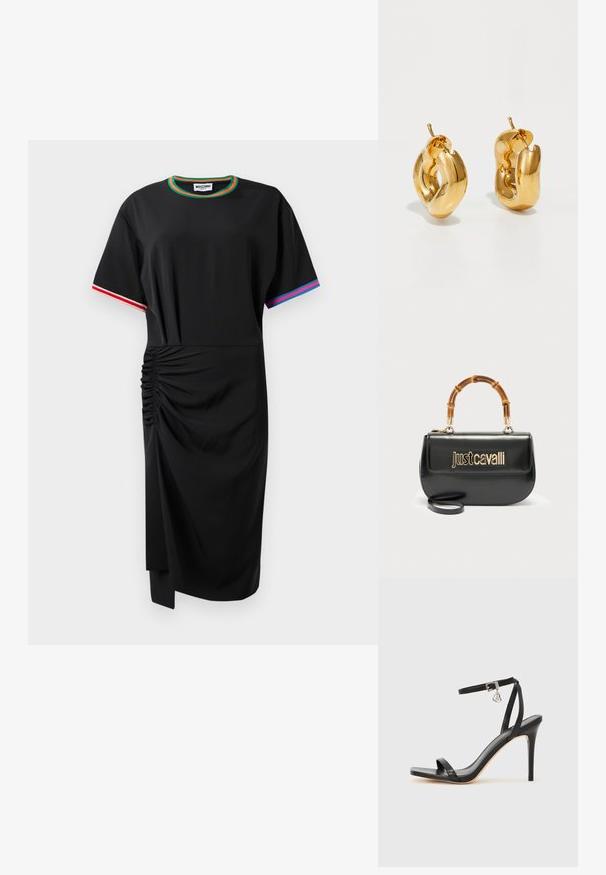 Vestido midi negro de manga corta con detalle fruncido en el lado izquierdo, ribete en verde y naranja en el escote, ribete rojo y blanco en la manga derecha, ribete azul y rosa en la manga izquierda.; Sandalia de tacón alto negra con una estrecha correa en el tobillo, punta cuadrada, material de cuero liso y detalle de hebilla metálica.; Bolso de cuero negro con el logo dorado "Just Cavalli" en el frente y asa curvada de bambú, con una correa larga desmontable.; Pendientes de aro grueso en oro con un diseño tubular ligeramente retorcido y cierre de presión, sobre un fondo blanco.