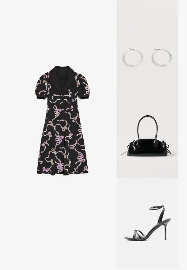 Schwarzes Kleid mit kurzen Puffärmeln und Kragen, verziert mit mehrfarbigen Rippbändern und vorn mit Knöpfen. Glatte Stoffstruktur.; Schwarze Sandale aus Lackleder mit hohen Absätzen, dünnen Riemen über den Zehen und einem Knöchelriemen mit Schnalle auf weißem Hintergrund.; Kleine schwarze glänzende Handtasche mit zwei langen Griffen und seitlichen Kordelzug-Details vor einfachem hellem Hintergrund.; Silberne Metallcreolen mit glatter, leicht gebogener Oberfläche und Klappverschluss vor schlicht weißem Hintergrund.