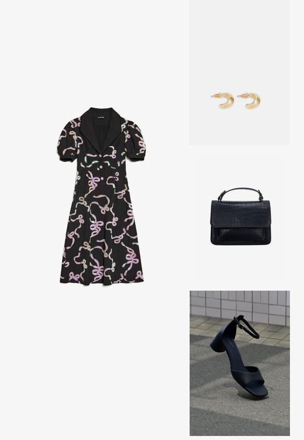 Schwarzes Kleid mit kurzen Puffärmeln und Kragen, verziert mit mehrfarbigen Rippbändern und vorn mit Knöpfen. Glatte Stoffstruktur.; Schwarzer Ledersandal mit offenen Zehen, Knöchelriemen und niedrigem Blockabsatz, der über Asphalt nahe einer gefliesten Wand schwebt.; Schwarze Handtasche mit Krokodillederstruktur, rechteckige Form, obere Klappe und ein einzelner kurzer Griff.; Goldene, mondförmige Ohrringe mit glatter Oberfläche, die orangefarbene Akzente nahe dem Stecker und silberne Beschläge aufweisen.