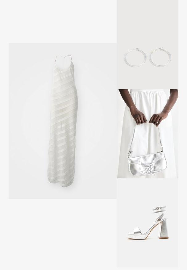 Vestido maxi blanco con tirantes finos, que presenta un forro de tela transparente con patrones de rayas horizontales y una silueta ajustada.; Sandalia de tacón alto plateada metálica con tira en el tobillo, tacón de bloque y punta abierta sobre un fondo claro y liso.; Bolso metálico plateado con detalle de cordones, que presenta un diseño elegante y una correa corta. El bolso está sostenido con las manos, mostrando su textura.; Pareja de pendientes de aro plateados brillantes con cierres de alambre delgado, mostrados sobre un fondo gris claro.