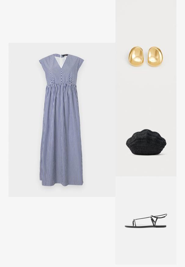 Longue robe sans manches avec col en V, rayures verticales bleues et blanches, taille ajustée et jupe froncée sur un fond uni.; Sandale plate noire avec fines lanières, une boucle pour les orteils et une boucle de cheville ajustable sur un fond gris clair.; Sac à main en osier noir en forme de coquille Saint-Jacques avec un dessus courbé et une texture tressée sur un fond uni.; Boucles d'oreilles en forme de clou de couleur or, avec une forme lisse et arrondie et une surface réfléchissante, mettant en avant un design minimaliste sans motifs visibles.