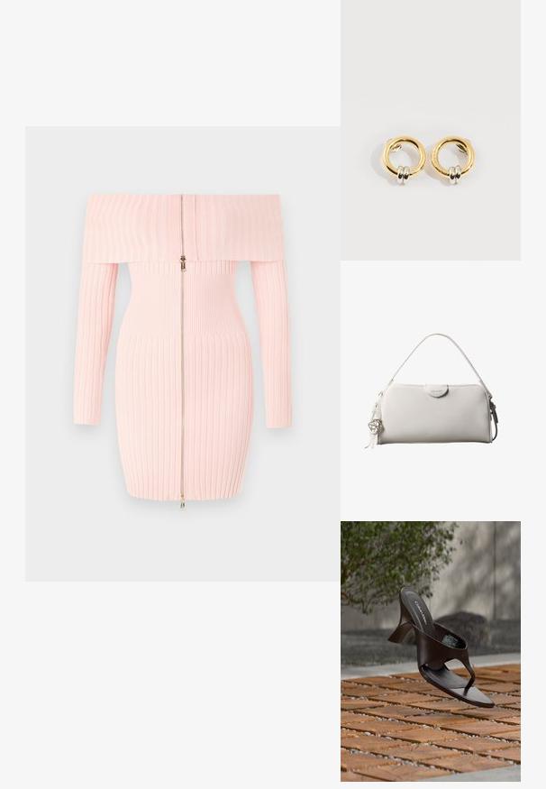 Rosa, gerippte Off-Shoulder-Kleid mit langen Ärmeln, ausgestattet mit einem Reißverschluss vorn und tailliertem Schnitt, der die vertikale Streifenstruktur betont.; Braune Calvin Klein Sandalette mit Absatz und Zehensteg, schwebend über einem Boden aus Holzfliesen und Kies im Freien, mit verschwommenem Grün und Stein im Hintergrund.; Weiße rechteckige Calvin Klein Handtasche mit einem einzelnen Henkel, minimalistischem Design und dekorativen Quasten mit geometrischem Metallanhänger an der Seite.; Goldene runde Ohrringe mit jeweils zwei kleinen silbernen Ringen, die dezent gravierte Markennamen zeigen, vor weißem Hintergrund platziert.