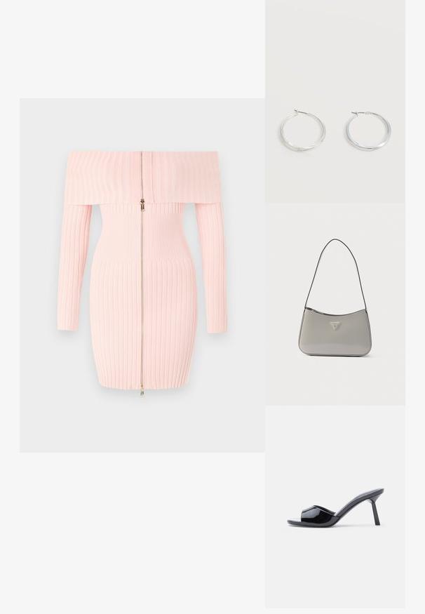Rosa, gerippte Off-Shoulder-Kleid mit langen Ärmeln, ausgestattet mit einem Reißverschluss vorn und tailliertem Schnitt, der die vertikale Streifenstruktur betont.; Schwarze Sandalen mit Absatz aus Lackleder, offenem Zehenbereich, mit geschwungenem Obermaterial und spitz zulaufendem Stilettoabsatz. Glatte, glänzende Oberfläche.; Graue Schultertasche aus Lackleder mit geschwungenem Design, schwarzem Besatz und silberner Logoplakette vorne. Verstellbarer Riemen für vielseitiges Tragen.; Silberne Metallcreolen mit glatter, leicht gebogener Oberfläche und Klappverschluss vor schlicht weißem Hintergrund.