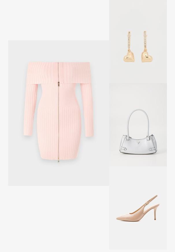 Rosa, gerippte Off-Shoulder-Kleid mit langen Ärmeln, ausgestattet mit einem Reißverschluss vorn und tailliertem Schnitt, der die vertikale Streifenstruktur betont.; Beiger Lackleder High-Heel Slingback-Schuh mit spitzer Spitze und kleinem goldenen Schnallendetail am Riemen.; Silberne Handtasche mit einem strukturierten Design, ausgestattet mit zwei Griffen, glänzender Oberfläche, Akzentbeschlägen und einem dreieckigen Logo auf der Vorderseite.; Goldene Ohrringe mit herzförmigen Anhängern, verziert mit einer Reihe kleiner Strasssteine am Bügel. Reflektierende, glatte Oberfläche.