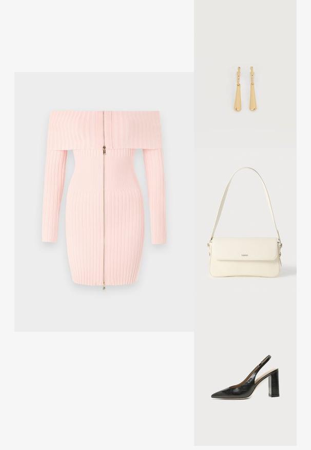 Robe rose côtelée décolletée avec manches longues, dotée d'une fermeture éclair à l'avant et d'une coupe ajustée, mettant en valeur une texture à rayures verticales.; Chaussure slingback en cuir noir à bout pointu avec un talon bloc haut et une doublure intérieure beige sur un fond clair uni.; Sac à bandoulière en cuir couleur crème avec fermeture à rabat, quincaillerie argentée, une bandoulière réglable et un logo discret.; Boucles d'oreilles pendantes en ton or avec des pendentifs lisses en forme de goutte allongée suspendus à de petites attaches en forme d'anneau sur un fond blanc.
