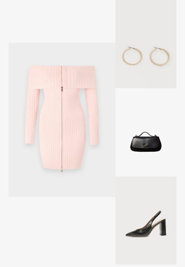 Robe rose côtelée décolletée avec manches longues, dotée d'une fermeture éclair à l'avant et d'une coupe ajustée, mettant en valeur une texture à rayures verticales.; Chaussure slingback en cuir noir à bout pointu avec un talon bloc haut et une doublure intérieure beige sur un fond clair uni.; Sac à main en cuir noir avec une petite poignée, logo "cK" doré sur le rabat avant, et accessoires dorés.; Paire de boucles d'oreilles créoles moyennes lisses ton or avec fermoirs à charnière sur fond clair uni.