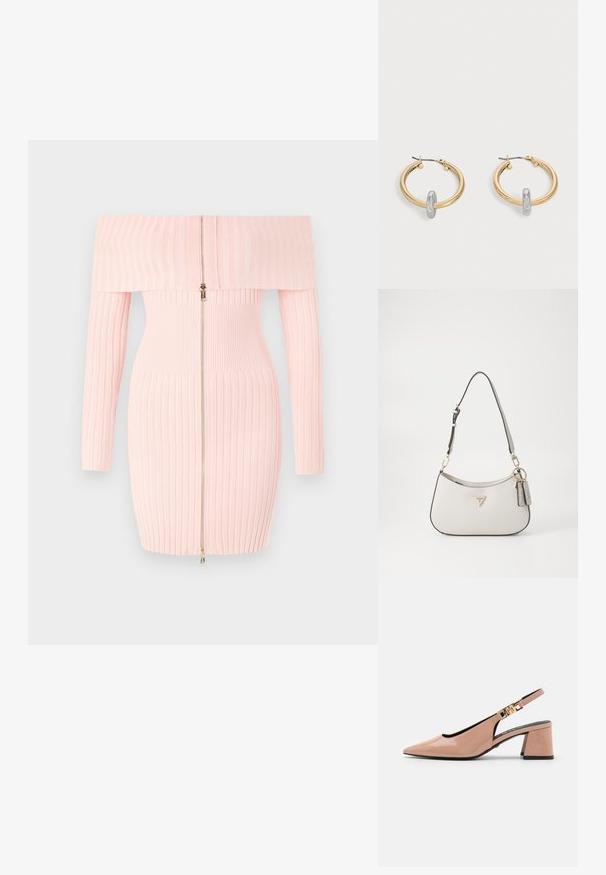 Vaaleanpunainen off-shoulder ribbimekko pitkähihaisena, etuvetoketjulla ja tiukalla leikkauksella, joka korostaa pystyripsirakennetta.; Kiilamallinen slingback-kengä, jossa on kiiltävää nude-patenttinaan, keskipitkä korko ja kullanvärinen metalliyksityiskohta nauhassa.; Valkoinen teksturoidu käsilaukku, jossa on kaareva muoto, kultaiset yksityiskohdat, irrotettava olkahihna ja logotehoste. Mukana on avaimenperä, jossa on brändäys.; Kultaisen sävyiset renkaanmuotoiset korvakorut, joissa pieni hopeanvärinen lenkkidetalji kummassakin, esillä vaaleanharmaata taustaa vasten.
