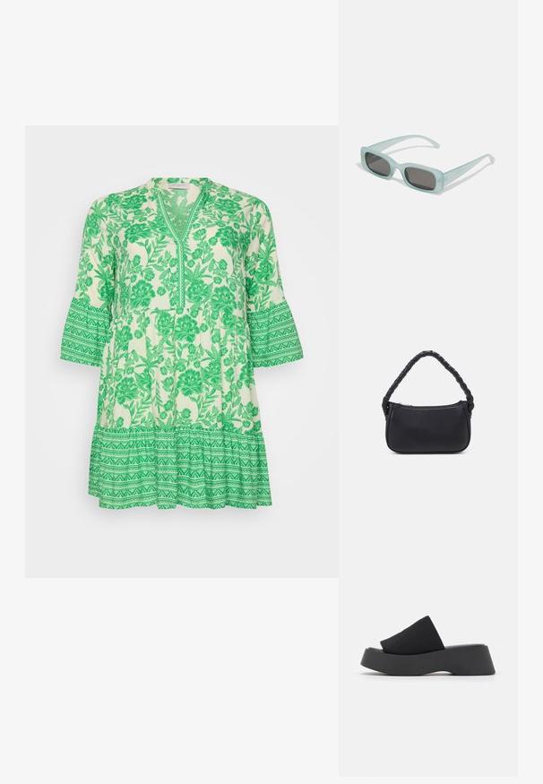 Grøn floral tunika med V-udskæring og klokkeærmer. Fremstillet af letvægtsstof, og har intrikate bladmønstre og en lagdelt flæsekant.; Call it Spring VENISE B.E.D FOAM - Mules med hæl - black; Et par rektangulære solbriller med lyseblå gennemsigtige stel og mørkegrå linser, der har lige templer og minimale hardware detaljer.; Sort håndtaske med en rund form, lavet af glat materiale. Har et flet håndtag og en lynlåslukning for sikker opbevaring.