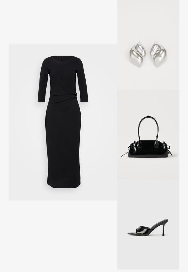 Schwarzes, langärmeliges Kleid mit rundem Halsausschnitt, verfügt über ein verdrehtes Detail an der Taille, gesichert durch einen goldfarbenen Akzent, bodenlanger Schnitt.; Schwarze Lackleder-Pantoletten mit offener Zehe, schmalem Riemen und Stiletto-Absatz. Glatte Textur und minimalistisches Design mit flacher Sohle.; Kleine schwarze glänzende Handtasche mit zwei langen Griffen und seitlichen Kordelzug-Details vor einfachem hellem Hintergrund.; Silberne Ohrringe mit einer organischen, abstrakten Form. Glatte, glänzende Oberfläche mit einem konischen Design. Mit dezenten Kurven und einem zentralen Linienelement.