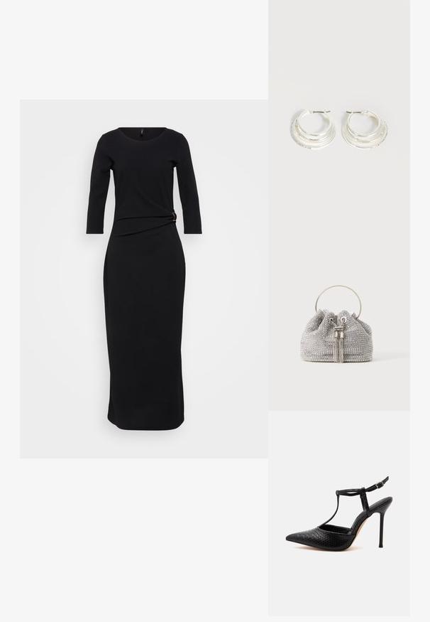 Schwarzes, langärmeliges Kleid mit rundem Halsausschnitt, verfügt über ein verdrehtes Detail an der Taille, gesichert durch einen goldfarbenen Akzent, bodenlanger Schnitt.; Schwarzer High-Heeled Schuh mit spitzer Spitze, strukturiertem Krokodil-Muster, dünnem Stiletto-Absatz und Knöchelriemen mit Schnalle.; Kleine silberne Abendtasche, bedeckt mit funkelnden Strasssteinen, mit rundem Metallgriff und zwei dekorativen Quasten vorne.; Silberne Creolen mit drei geschichteten halbkreisförmigen Bändern, eines davon verziert mit kleinen klaren Kristallen auf hellem Hintergrund.