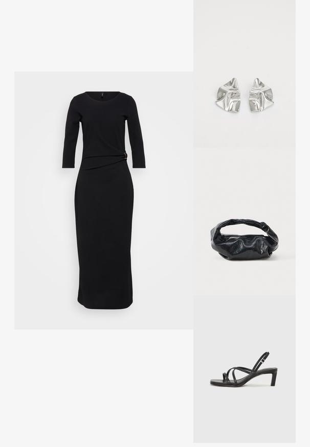 Zwart, langemouwen jurk met een ronde halslijn, heeft een gedraaide details bij de taille bevestigd met een gouden accent, met een vloerlange silhouet.; Zwarte sandaal met bandjes, vierkante teen en een lage blokhak. Voorzien van meerdere dunne bandjes en een verstelbare enkelband. Gemaakt van zacht leer.; Zwarte tas van glanzend, textuur materiaal met een ronde, gedraaide handgreep en een ritsluiting. Heeft een zacht, gekreukt ontwerp.; Zilveren metalen oorbellen met een golvend, sculpturaal ontwerp, voorzien van een gepolijste afwerking en onregelmatige vormen, die een hedendaagse esthetiek benadrukken.