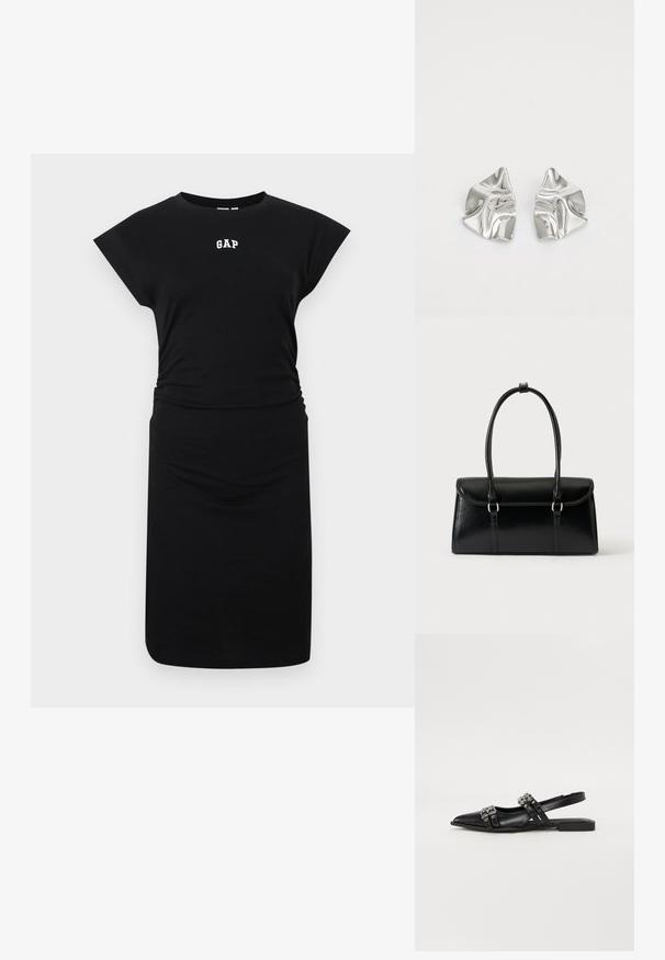 Robe noire mi-longue aux genoux avec des manches courtes et petit logo blanc "GAP" centré sur la poitrine, sur fond uni.; Even&Odd by Zalando Ballerines à brides arrière - black; Sac à main rectangulaire en cuir noir avec fermeture à rabat et deux longues anses sur fond blanc uni.; Boucles d'oreilles en métal argenté avec un design ondulé et sculptural, présentant une finition polie et des formes irrégulières, mettant en valeur une esthétique contemporaine.