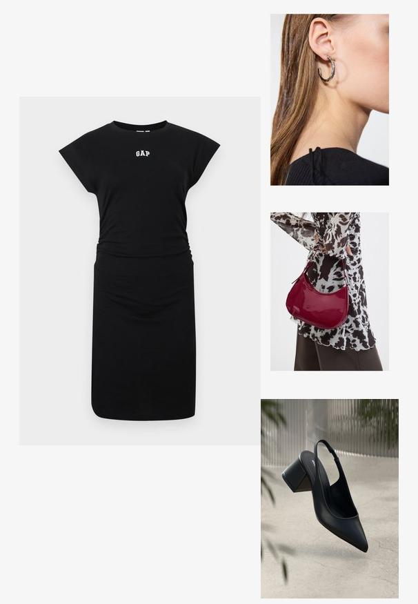 Robe noire mi-longue aux genoux avec des manches courtes et petit logo blanc "GAP" centré sur la poitrine, sur fond uni.; Escarpin noir en cuir avec un bout pointu et un talon bloc. Texture lisse, design minimaliste et bride de cheville réglable.; Femme portant un chemisier à motif noir et blanc tenant un sac à main rouge brillant sur un fond uni.; Boucle d'oreille en argent avec une finition polie, présentant de petits détails en or et de forme ronde, portée sur le lobe.