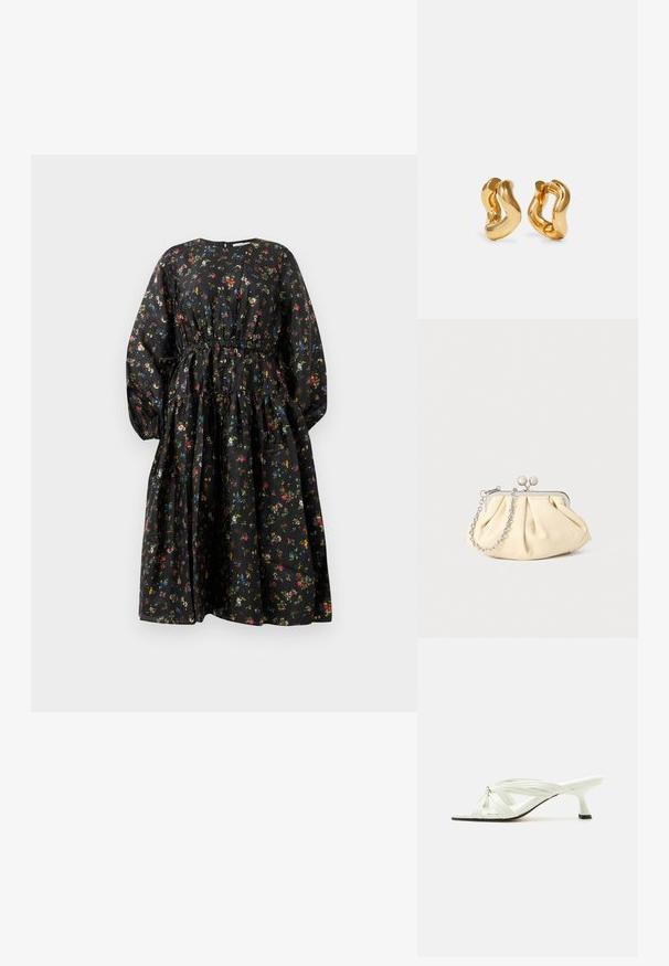 Robe noire à motifs floraux avec manches longues, taille froncée et jupe à volants. Présente un motif floral coloré et une texture de tissu lisse.; Sandale blanche à talon avec plusieurs fines brides nouées et un talon fin de hauteur moyenne sur un fond clair uni.; Pochette en cuir beige plissé avec un cadre en métal argenté, dotée de deux fermoirs ronds décoratifs et d'une chaîne en argent.; Boucles d'oreilles en forme de créoles dorées avec un design ondulé, présentant une surface lisse et brillante ainsi qu'une forme élégante. Sans fermoirs visibles.