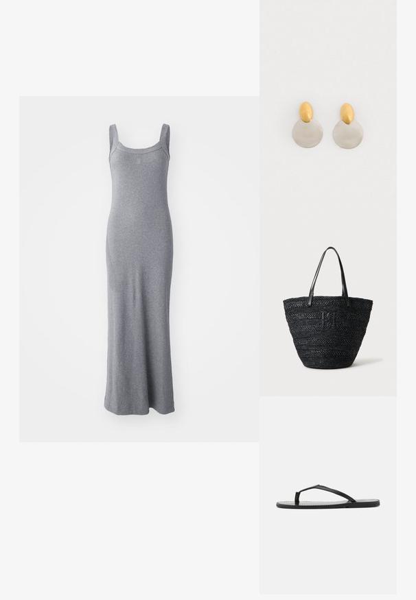 Grijze mouwloze maxi-jurk, gemaakt van zachte, rekbare stof. Heeft een ronde halslijn en een aansluitende pasvorm die tot aan de enkel reikt.; Zwarte teenslippers met een minimalistisch ontwerp, voorzien van dunne banden en een platte zool. Het materiaal lijkt op plastic met een gladde textuur.; Zwart geweven tote tas met twee dunne leren handvatten en een subtiel gevlochten logo aan de voorkant, staand tegen een lichte achtergrond.; Gouden en zilveren metalen oorbellen met een ronde schijfbasis en een ovale bovenstuk, gladde textuur en gepolijste afwerking.