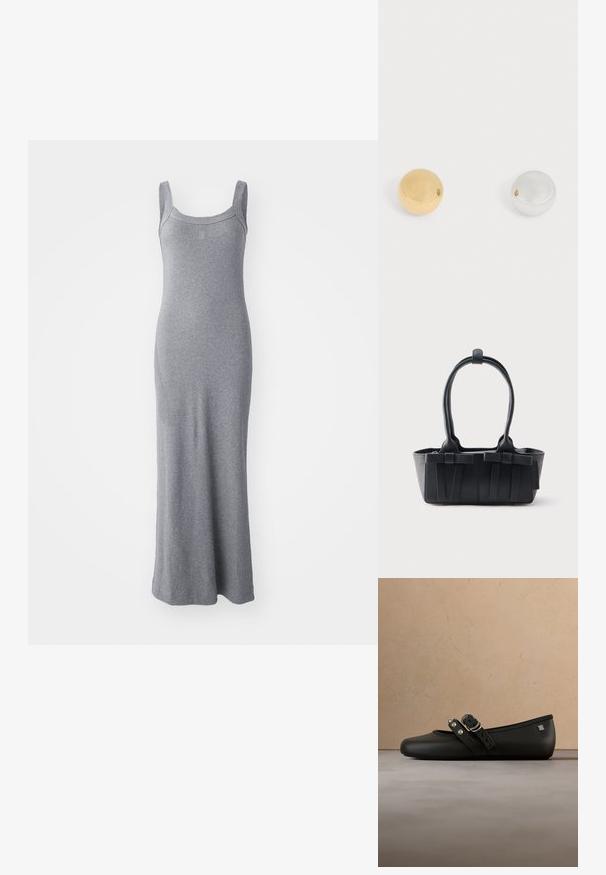 Graues ärmelloses Maxikleid aus weichem, dehnbarem Stoff. Hat einen runden Ausschnitt und eine taillierte Silhouette, die bis zur Knöchellänge reicht.; Schwarzer flacher Lederschuh mit doppelten Schnallenriemen und Metallnieten, schwebend über einem strukturierten beigen Teppich und einem hölzernen Tisch im Hintergrund.; Schwarze Lederhandtasche mit zwei Griffen, dekorativen Riemen und rechteckigem Boden vor hellem, einfarbigem Hintergrund.; Zwei glatte, runde Metallkugeln nebeneinander auf weißem Hintergrund, eine goldfarben und eine silberfarben.