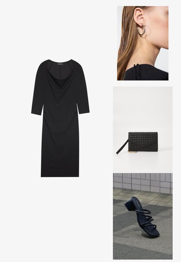 Sort kjole med draperet neckline, trekvart ærmer, tætsiddende pasform og diskret rynkning i siderne. Lavet af glat stof.; Sort sandal med firkantet tå, tre tynde stropper og blokhæl på fortov nær flisebelagt væg.; Sort vævet pung med klaplukning og en kæde i guld. Har en tekstureret overflade og et minimalistisk design.; Sølv hoop ørestik med en poleret overflade, prydet med små guld accenter og en rund form, båret på øreflippen.