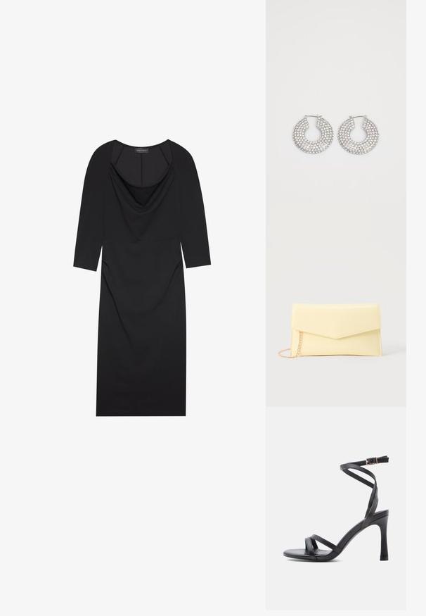 Sort kjole med draperet neckline, trekvart ærmer, tætsiddende pasform og diskret rynkning i siderne. Lavet af glat stof.; Sorte højhælede sandaler med et elegant design, der har to smalle remme hen over tåen og en krydsrem omkring anklen med en spænde.; Lysegul rektangulær clutch-taske med en spids klap og guldkæde-rem på en neutral baggrund.; Sølvøreringe med flere klare krystaludsmykninger, med en struktureret overflade og et åbent rundt design.