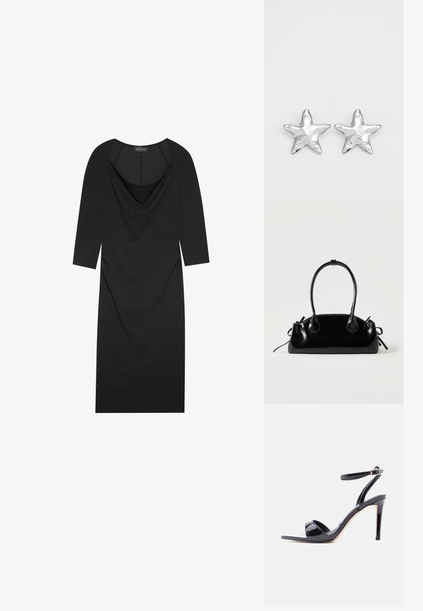 Vestido negro con escote drapeado, mangas tres cuartos, forma ajustada y sutil fruncido en los lados. Fabricado con una tela suave.; Sandalia de tacón alto de charol negro con punta abierta, tira en el tobillo y cierre de hebilla, mostrada de perfil sobre un fondo blanco.; Pequeño bolso negro brillante con dos asas largas y detalles de cordón lateral sobre un fondo claro liso.; Pendientes en forma de estrella plateada con una superficie pulida y brillante. Cada pendiente presenta cinco puntas y sutiles detalles de textura en la superficie.