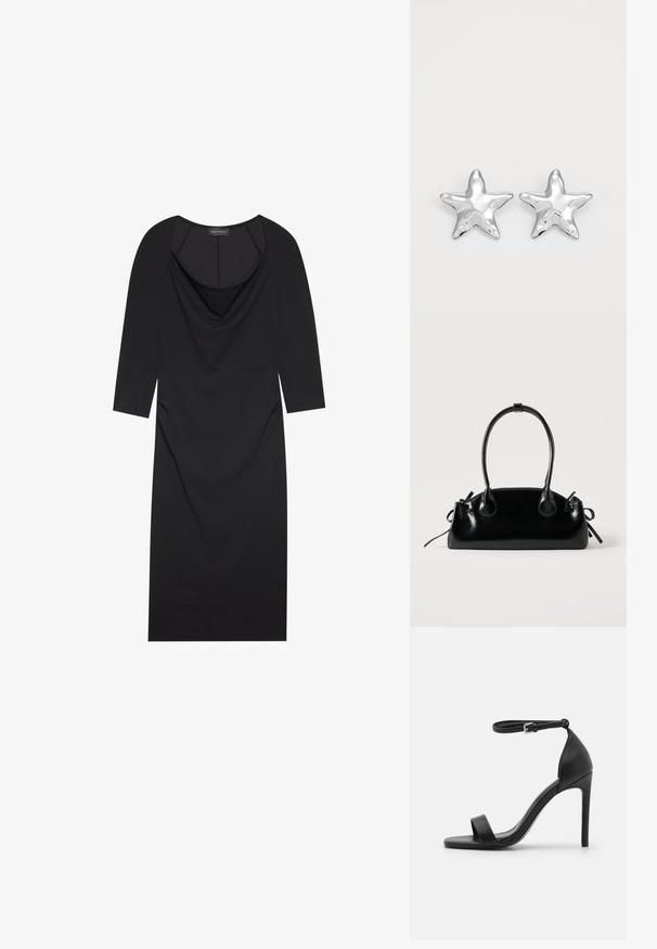 Sort kjole med draperet neckline, trekvart ærmer, tætsiddende pasform og diskret rynkning i siderne. Lavet af glat stof.; Sort højhælet sandal med et sleek design, der har en ankelrem, åben tå og glat lædertekstur.; Lille sort blank håndtaske med to lange håndtag og snøre-detaljer i siden på en ensfarvet lys baggrund.; Sølvstjernede øreringe med en poleret, blank overflade. Hver ørering har fem spidser og subtile teksturdetaljer på overfladen.