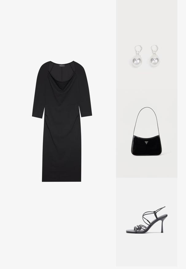 Sort kjole med draperet neckline, trekvart ærmer, tætsiddende pasform og diskret rynkning i siderne. Lavet af glat stof.; Sorte højhælede sandaler med tynde stropper og en knyttet design, en glat firkantet tå og en slank stiletto hæl.; Sort skuldertaske i laklæder med tynd rem, trekantet Guess-logo foran og lynlåslukning i toppen.; Sølv dråbeøreringe med glatte, runde, reflekterende overflader hængende fra svingelukkede låse. Baggrunden er helt hvid.