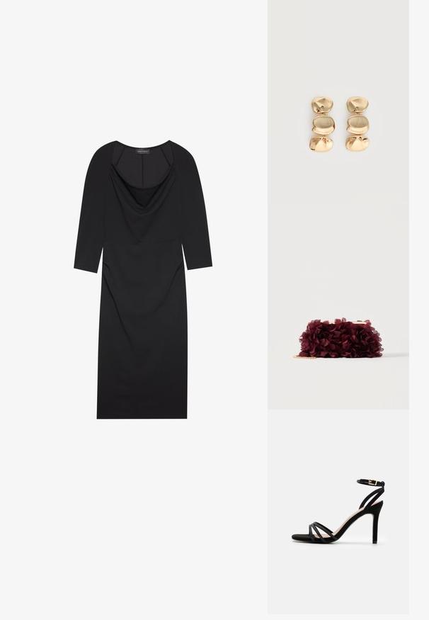 Sort kjole med draperet neckline, trekvart ærmer, tætsiddende pasform og diskret rynkning i siderne. Lavet af glat stof.; Anna Field by Zalando Sandaler - black; Clutch taske dækket med burgunderrøde stofblade med en guldfarvet metalramme og en kort guldkædekæde, vist mod en ensfarvet baggrund.; Øreringe i guldfarve med dråbeform og tre uregelmæssige, glatte, afrundede segmenter stablet lodret på en enkelt lys baggrund.