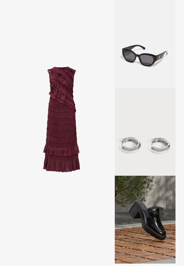 Vestido sin mangas burdeos con volantes en capas y textura fruncida, que presenta un corsé ajustado y un dobladillo acampanado.; Mule tipo slip-on de cuero negro de Calvin Klein con tacón de bloque descansando sobre baldosas de madera al aire libre cerca de una planta verde y una pared gris.; Gafas de sol negras con un diseño elegante y angular, lentes oscuros y un logo plateado en contraste en el lateral. Textura de plástico suave.; Par de pequeños pendientes de aro plateados brillantes con superficies lisas y redondeadas sobre un fondo blanco liso.
