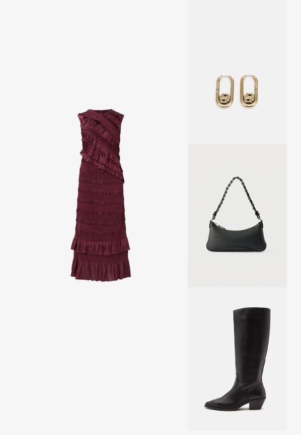 Vestido sin mangas burdeos con volantes en capas y textura fruncida, que presenta un corsé ajustado y un dobladillo acampanado.; Bota de cuero negra hasta la mitad de la pantorrilla con puntera puntiaguda y tacón bajo inclinado sobre un fondo claro y liso.; Bolso de hombro de cuero negro con forma rectangular curvada, cadena dorada entrelazada en una correa negra trenzada y cierre superior con cremallera.; BOSS DOUBLE B SWING - Pendientes - gold-coloured