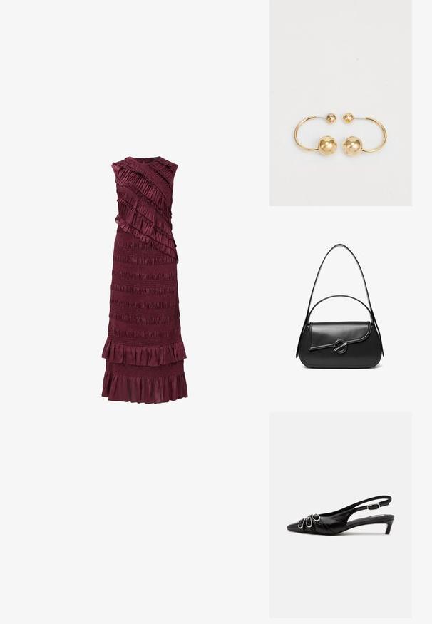 Vestido sin mangas burdeos con volantes en capas y textura fruncida, que presenta un corsé ajustado y un dobladillo acampanado.; Zapato slingback de cuero negro con punta puntiaguda, tres hebillas plateadas en la parte delantera y tacón bajo tipo «kitten» sobre fondo blanco.; Bolso de hombro de cuero negro con una solapa curva asegurada por un broche metálico redondo y una correa delgada y ajustable.; Pendientes de metal en tono dorado con un diseño circular que presenta dos esferas, una más grande y texturizada, y una bola pulida más pequeña en la parte superior.