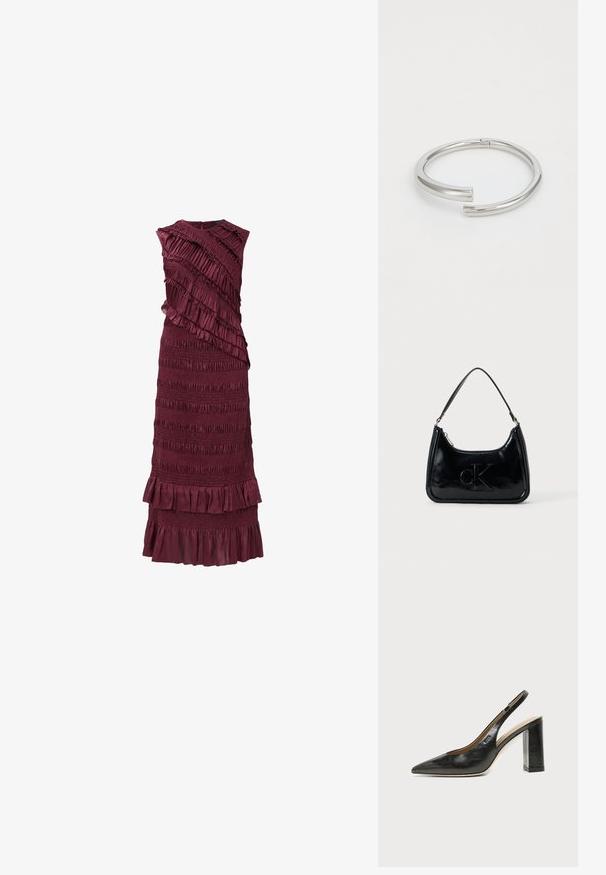 Vestido sin mangas burdeos con volantes en capas y textura fruncida, que presenta un corsé ajustado y un dobladillo acampanado.; Zapato slingback negro de cuero con punta afilada, tacón cuadrado y un pequeño logo en el lateral, sobre un fondo blanco liso.; Bolso de mano de piel sintética negra con un asa curvada en la parte superior, cierre de cremallera y logo "cK" en relieve en el frente. Textura suave, forma estructurada.; Calvin Klein SPIRAL - Pulsera - silver-coloured