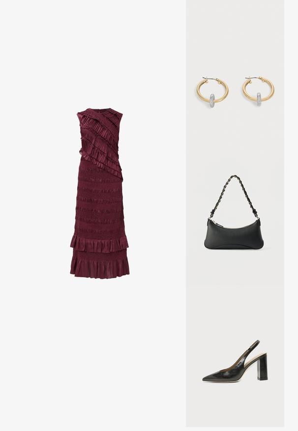 Bordeaux farvet ærmeløs kjole med tierede flæser og smocket tekstur, med en tætsiddende overdel og en klædelig kant.; Sort læder peep-toe slingback sko med blokhæl og et lille logo på siden, sat mod en enkel hvid baggrund.; Sort skuldertaske i læder med en buet rektangulær form, gyldent kæde vævet ind i en flettet sort rem og toplynlås.; Par guldtonede hoop øreringe med lille sølvfarvet loop-detalje på hver, vist mod lysegrå baggrund.